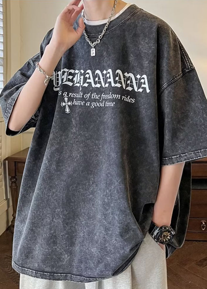 Men's Letter Half Vintage Cotton O Sleeve Black Neck Shirts T FashionChic