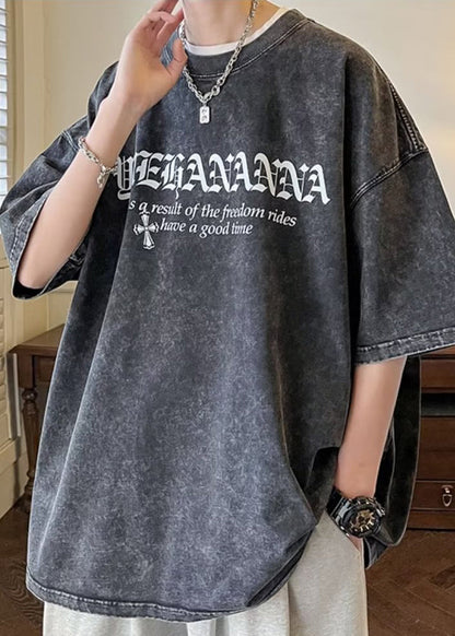 Men's Letter Half Vintage Cotton O Sleeve Black Neck Shirts T FashionChic