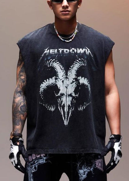 Sleeveless Men Vintage Cotton Print Letter Tank Black FashionChic