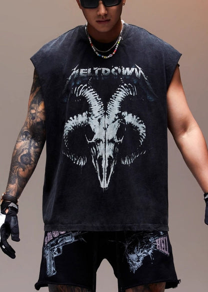 Sleeveless Men Vintage Cotton Print Letter Tank Black FashionChic