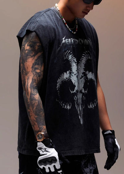 Sleeveless Men Vintage Cotton Print Letter Tank Black FashionChic