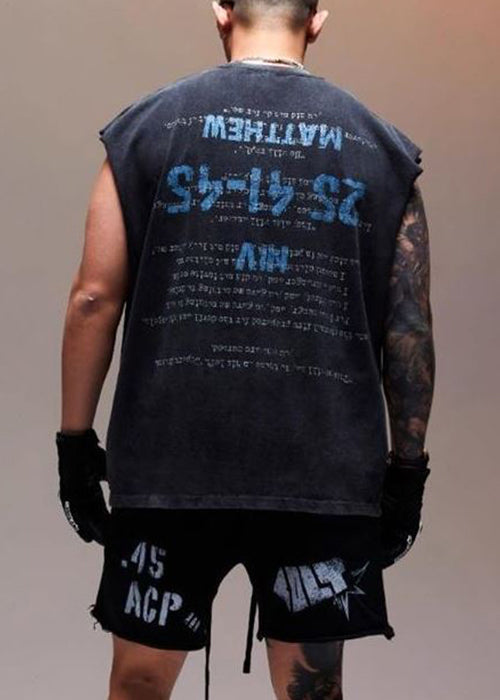 Sleeveless Men Vintage Cotton Print Letter Tank Black FashionChic