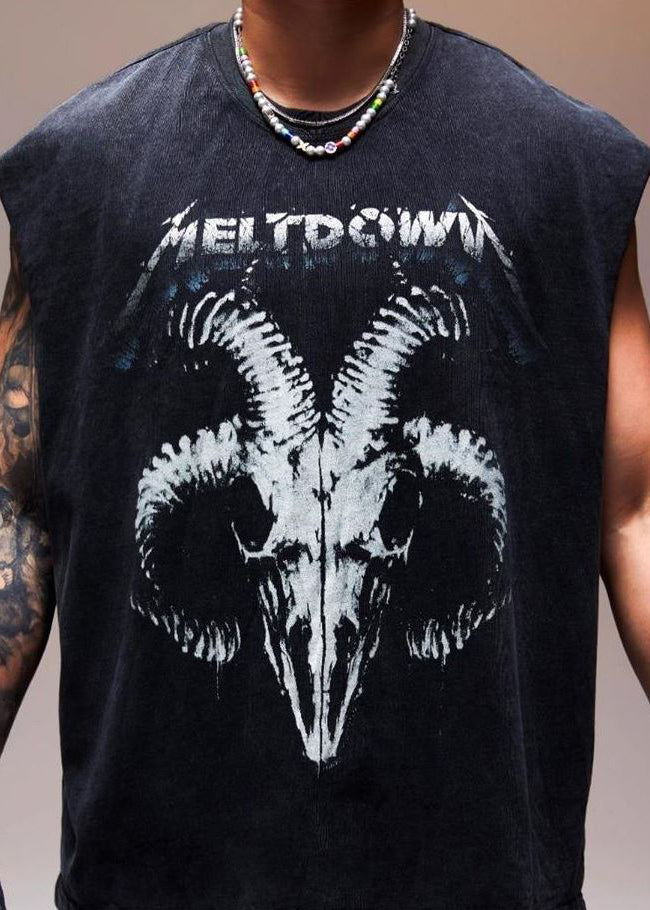 Sleeveless Men Vintage Cotton Print Letter Tank Black FashionChic