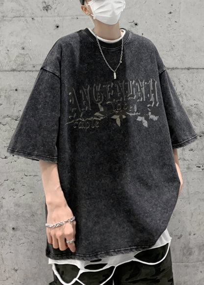 Vintage Black O Neck Letter Print Cotton Men T Shirt Summer YL001 ABC