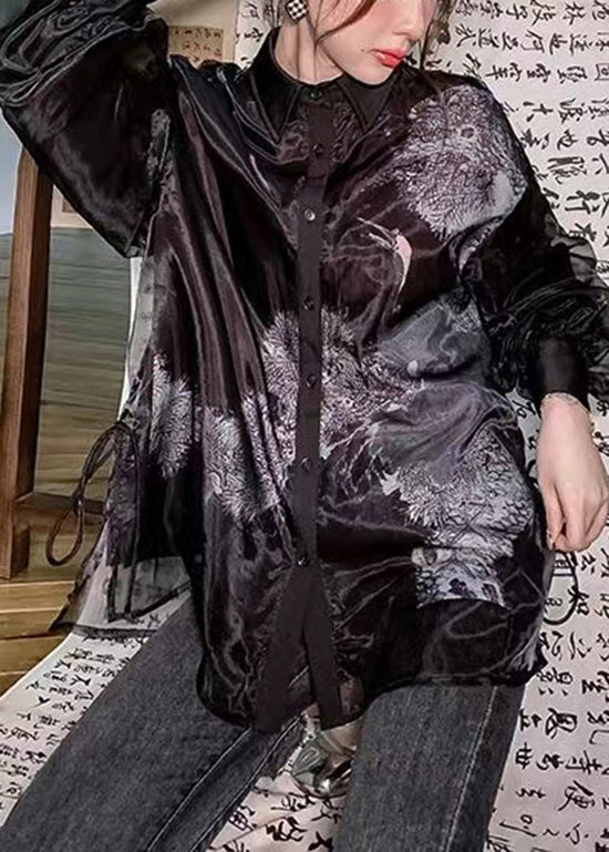 Vintage Black Peter Pan Collar Print Tulle Patchwork Silk Shirts Long Sleeve BV062 MZF-LTP240702