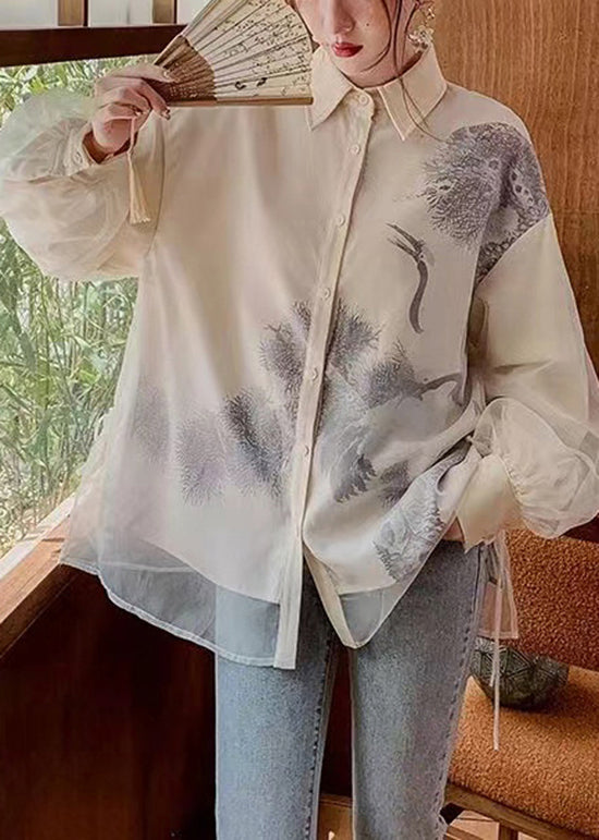 Vintage Black Peter Pan Collar Print Tulle Patchwork Silk Shirts Long Sleeve BV062 MZF-LTP240702