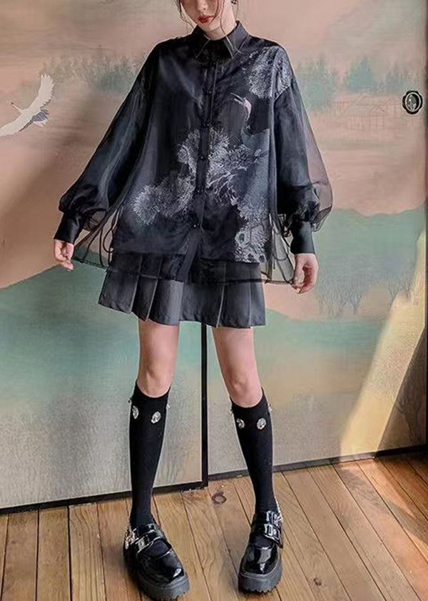 Vintage Black Peter Pan Collar Print Tulle Patchwork Silk Shirts Long Sleeve BV062 MZF-LTP240702