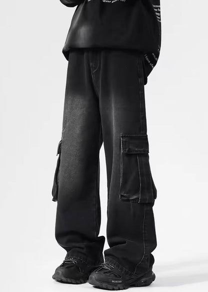 Vintage High Mens Denim Pockets Pants Black Spring Waist FashionChic