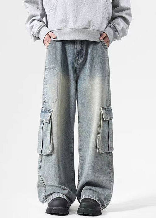 Vintage High Mens Denim Pockets Pants Black Spring Waist FashionChic