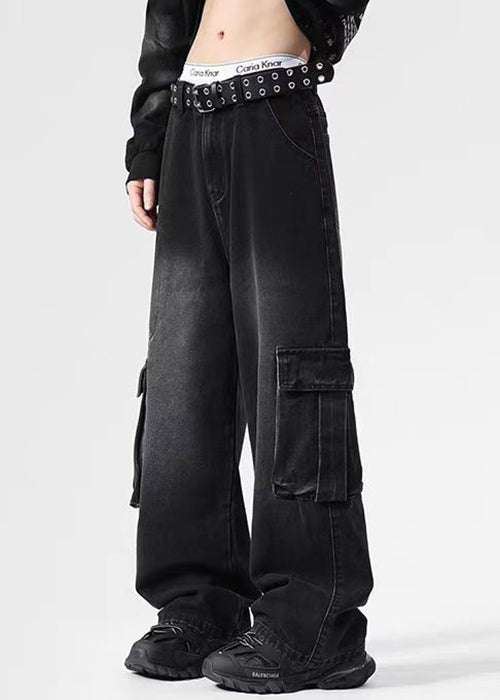 Vintage High Mens Denim Pockets Pants Black Spring Waist FashionChic