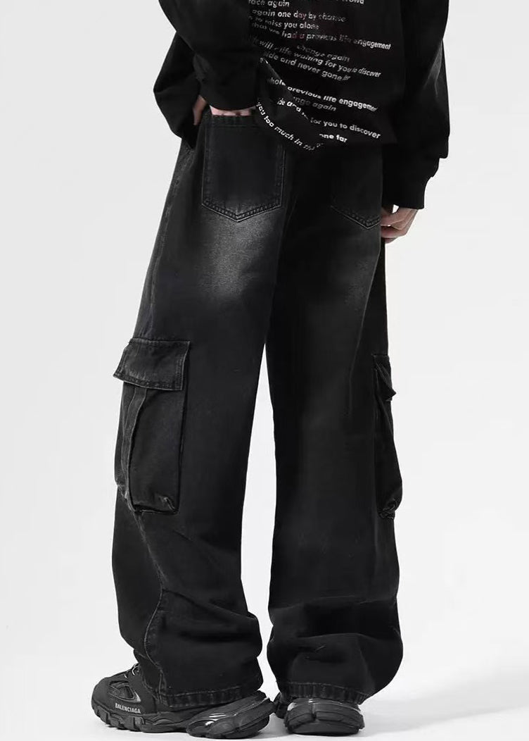 Vintage High Mens Denim Pockets Pants Black Spring Waist FashionChic