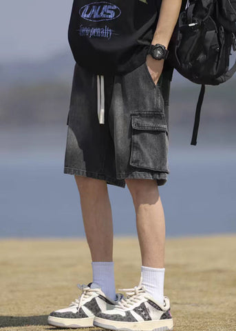 Vintage Black Pockets Lace Up Denim Mens Shorts Summer YL031 ABC