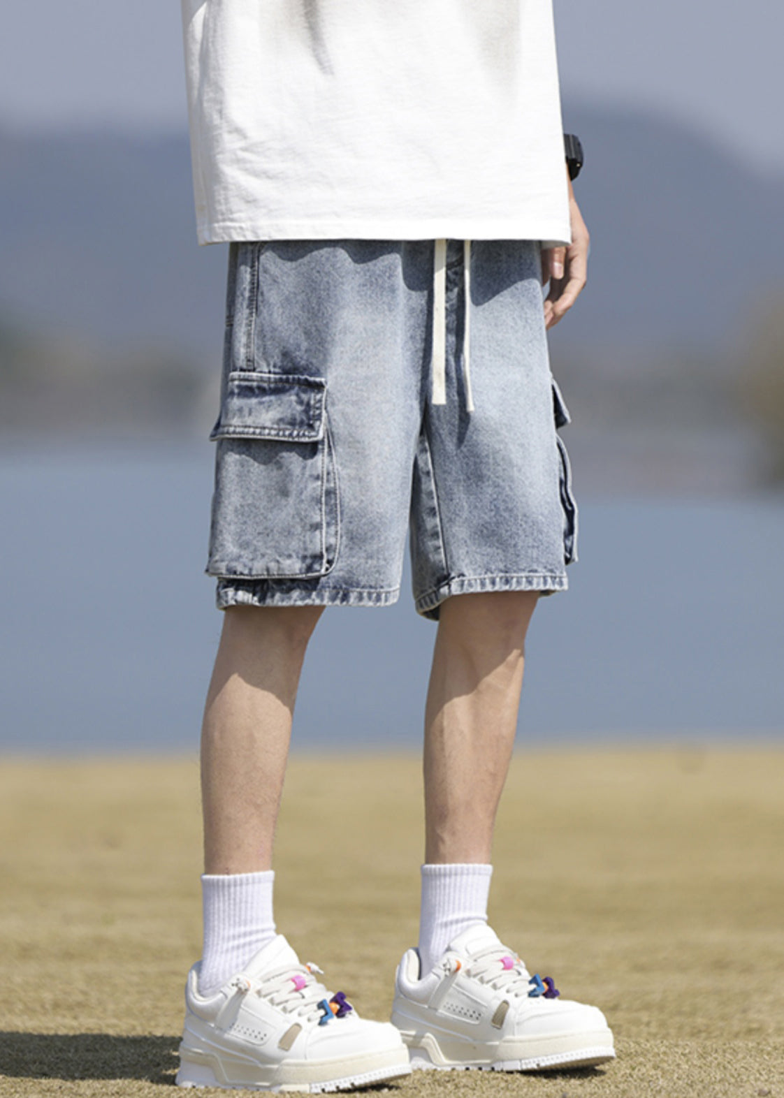 Vintage Black Pockets Lace Up Denim Mens Shorts Summer YL031 ABC