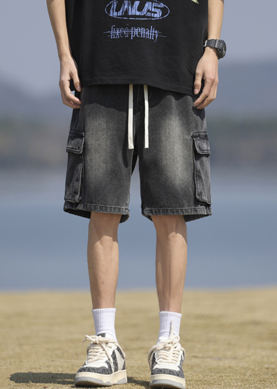 Vintage Black Pockets Lace Up Denim Mens Shorts Summer YL031 ABC