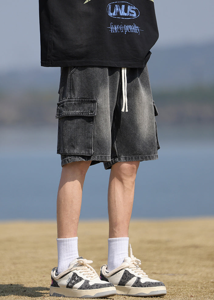 Vintage Black Pockets Lace Up Denim Mens Shorts Summer YL031 ABC