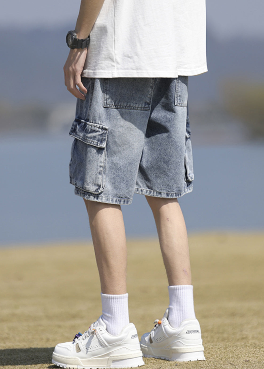 Vintage Black Pockets Lace Up Denim Mens Shorts Summer YL031 ABC