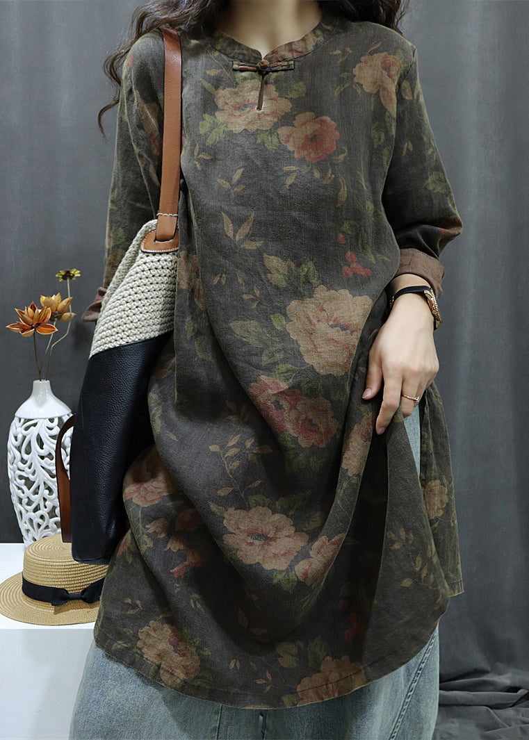 Linen Print Sleeve Button Black Dress Bracelet Shirts Vintage FashionChic