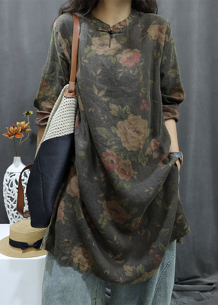 Shirts Sleeve Vintage Dress Bracelet Linen Button Black Print FashionChic