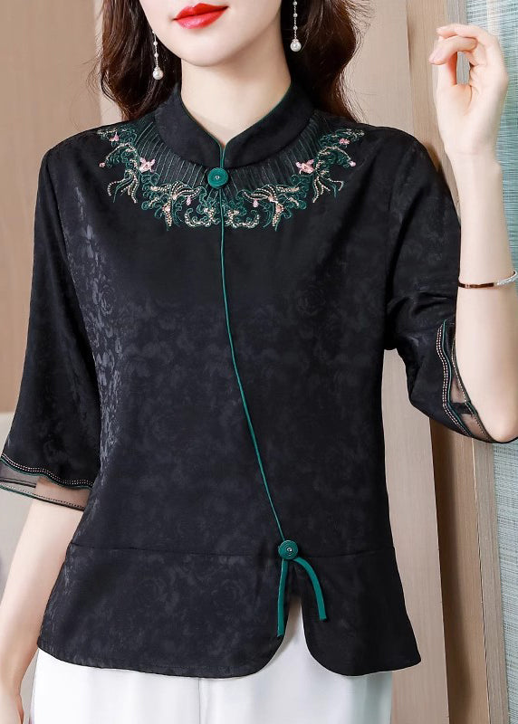 Vintage Black Stand Collar Embroidered Silk Blouse Top Summer BB008 Hawaii-HTP240622