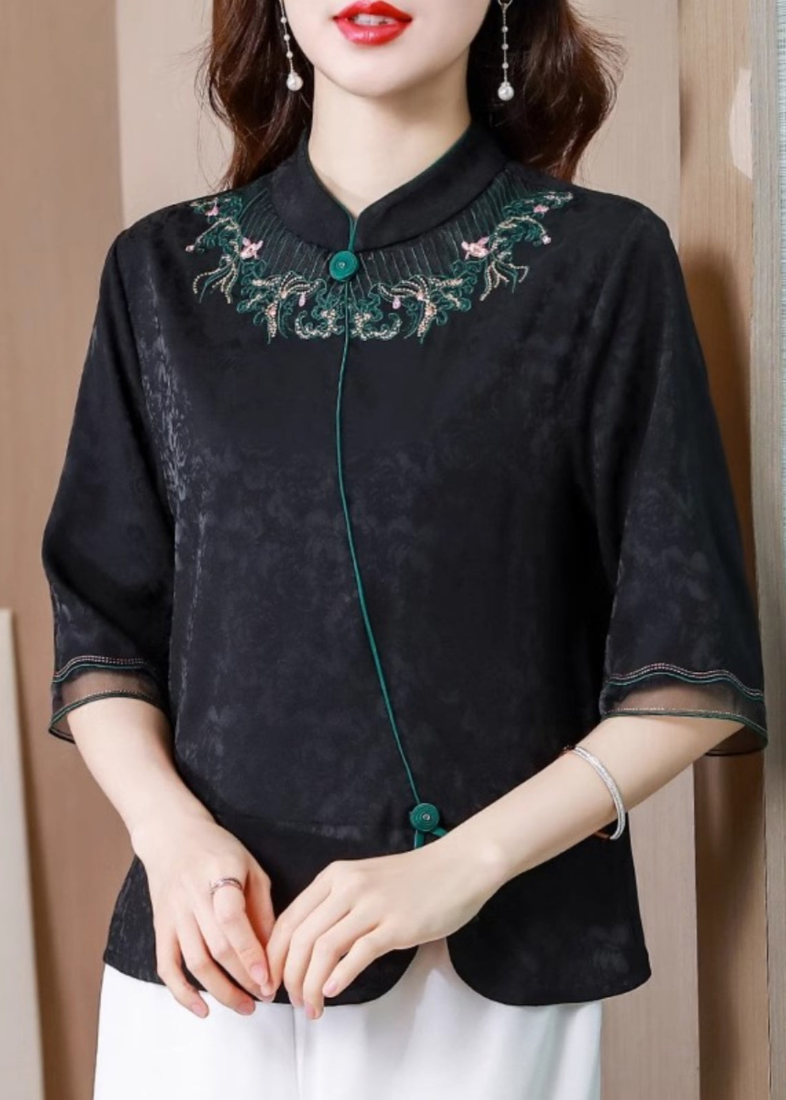 Vintage Black Stand Collar Embroidered Silk Blouse Top Summer BB008 Hawaii-HTP240622