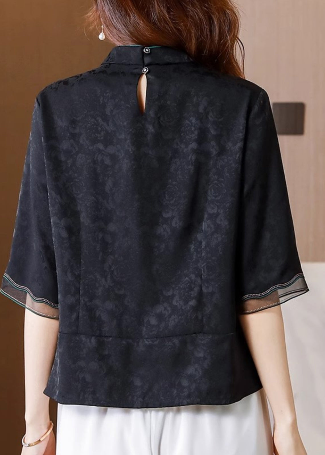 Vintage Black Stand Collar Embroidered Silk Blouse Top Summer BB008 Hawaii-HTP240622