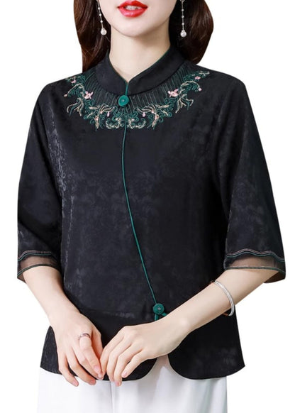 Vintage Black Stand Collar Embroidered Silk Blouse Top Summer BB008 Hawaii-HTP240622