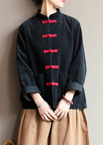 Vintage Black Stand Collar Oriental Button Corduroy Coat Spring TI009