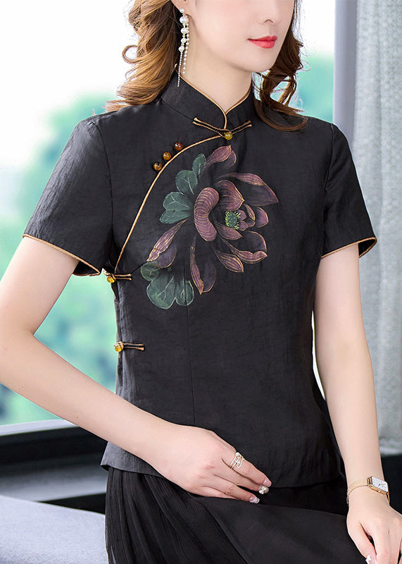 Vintage Black Stand Collar Print Chinese Button Silk Shirt Tops Summer BB024 Hawaii-STP240622