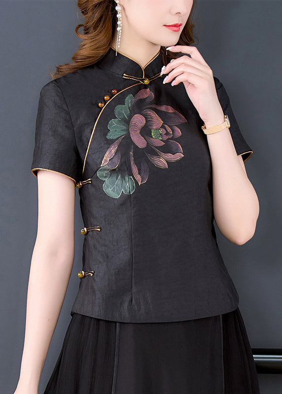 Vintage Black Stand Collar Print Chinese Button Silk Shirt Tops Summer BB024 Hawaii-STP240622