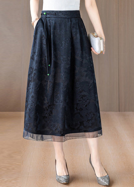 Vintage Black Tasseled Print Silk Skirts Summer OO042 OM-CS240814