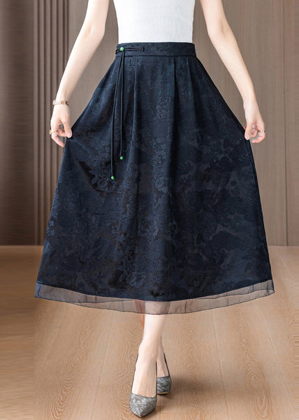 Vintage Black Tasseled Print Silk Skirts Summer OO042 OM-CS240814