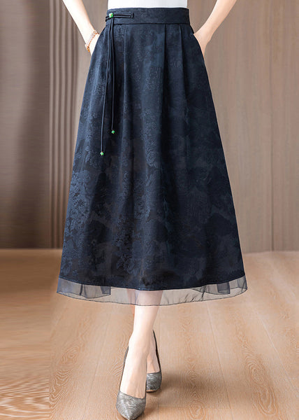 Vintage Black Tasseled Print Silk Skirts Summer OO042 OM-CS240814