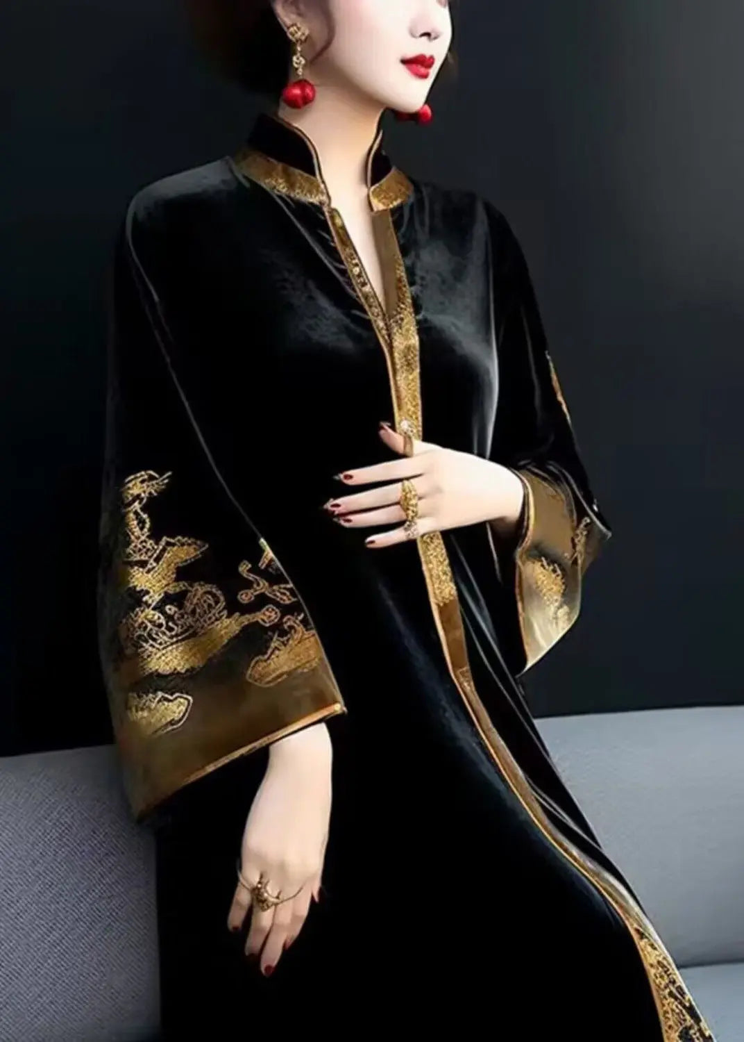 Vintage Black V Neck Print Patchwork Silk Velour Long Dresses Fall Ada Fashion