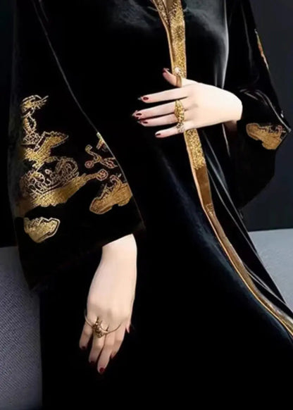 Vintage Black V Neck Print Patchwork Silk Velour Long Dresses Fall Ada Fashion
