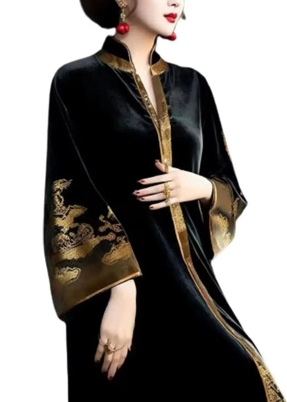 Vintage Black V Neck Print Patchwork Silk Velour Long Dresses Fall Ada Fashion
