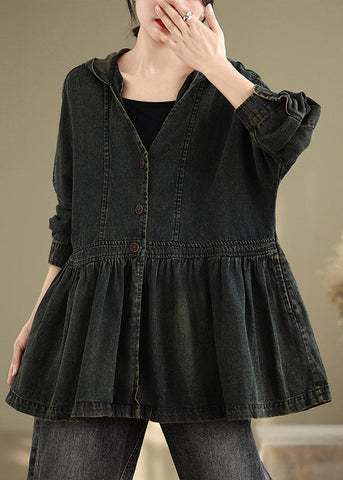 V Hooded Neck Pockets Vintage Wrinkled Coats Denim Black Fall FashionChic