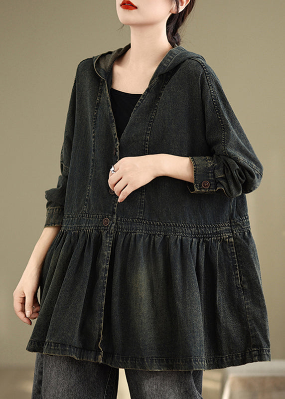 V Hooded Neck Pockets Vintage Wrinkled Coats Denim Black Fall FashionChic