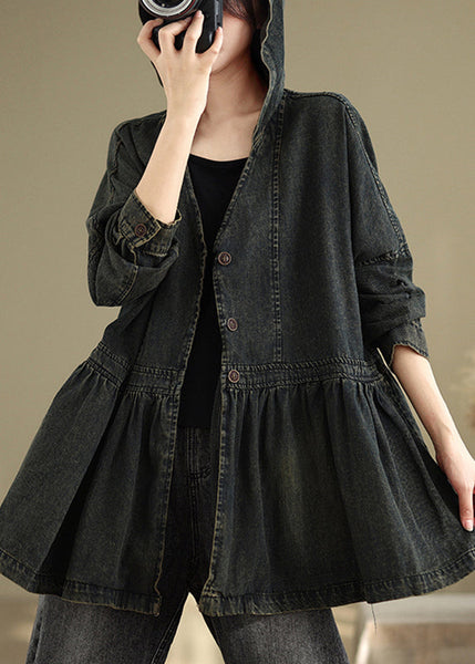 V Hooded Neck Pockets Vintage Wrinkled Coats Denim Black Fall FashionChic