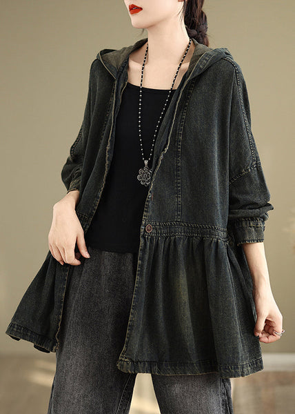 V Hooded Neck Pockets Vintage Wrinkled Coats Denim Black Fall FashionChic
