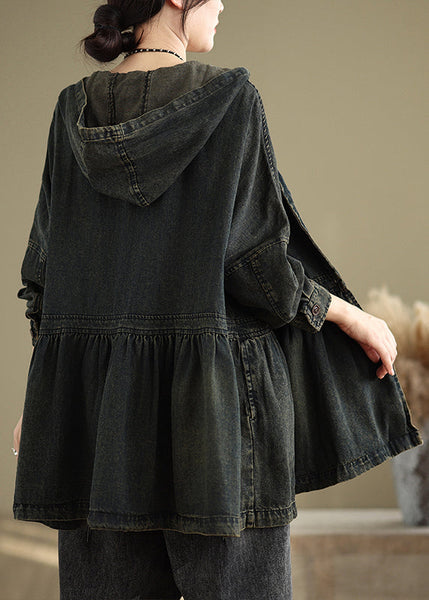 V Hooded Neck Pockets Vintage Wrinkled Coats Denim Black Fall FashionChic