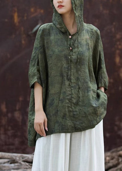 Vintage Blackish Green Print Button Hooded Top Summer AP031 GK-HTP240718
