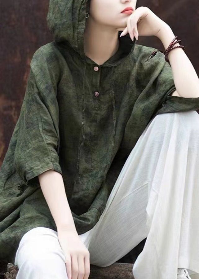 Vintage Blackish Green Print Button Hooded Top Summer AP031 GK-HTP240718