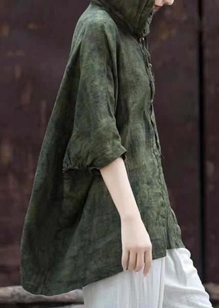 Vintage Blackish Green Print Button Hooded Top Summer AP031 GK-HTP240718