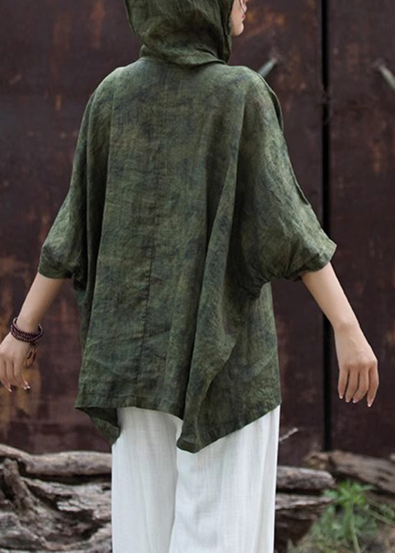 Vintage Blackish Green Print Button Hooded Top Summer AP031 GK-HTP240718