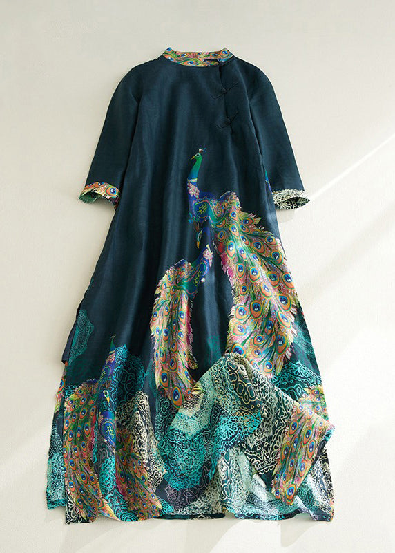 Vintage Blackish Green Stand Collar Print Side Open Long Dresses Short Sleeve VV030 HS-SDL240627