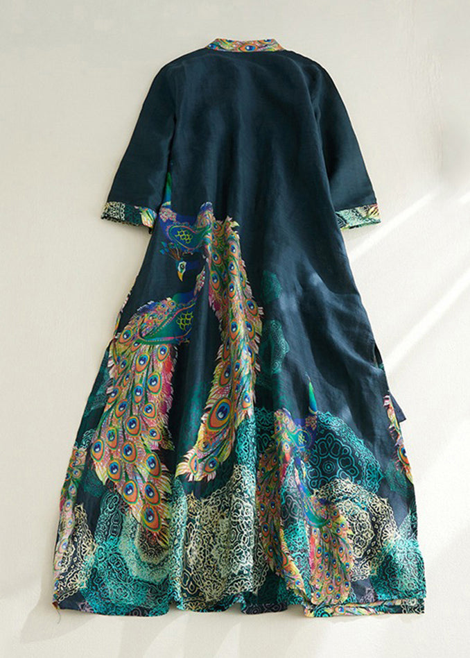 Vintage Blackish Green Stand Collar Print Side Open Long Dresses Short Sleeve VV030 HS-SDL240627