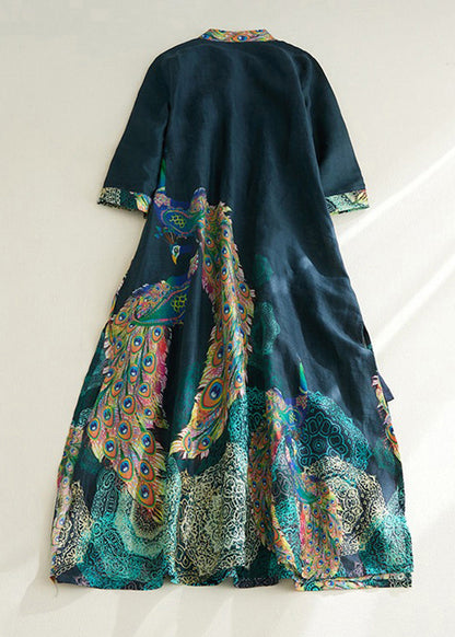 Vintage Blackish Green Stand Collar Print Side Open Long Dresses Short Sleeve VV030 HS-SDL240627