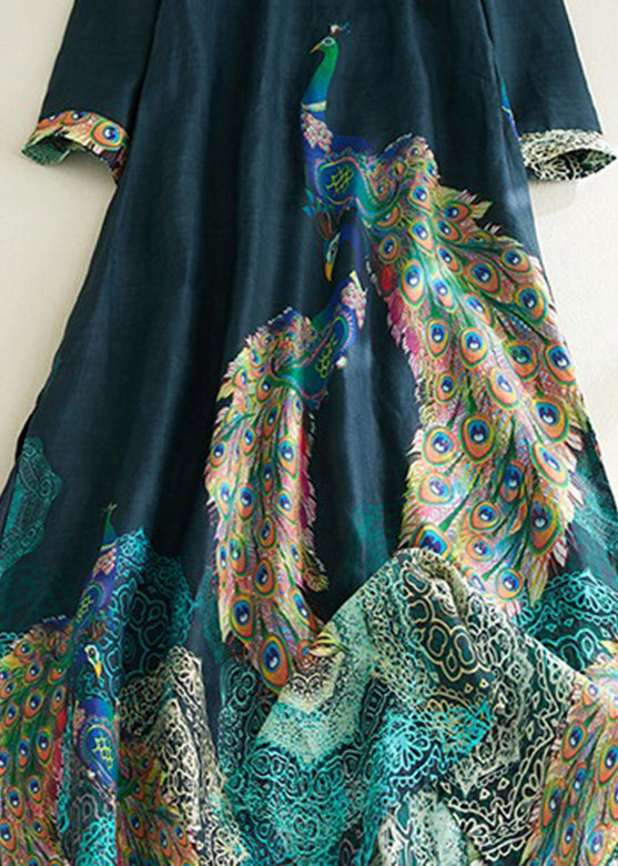 Vintage Blackish Green Stand Collar Print Side Open Long Dresses Short Sleeve VV030 HS-SDL240627