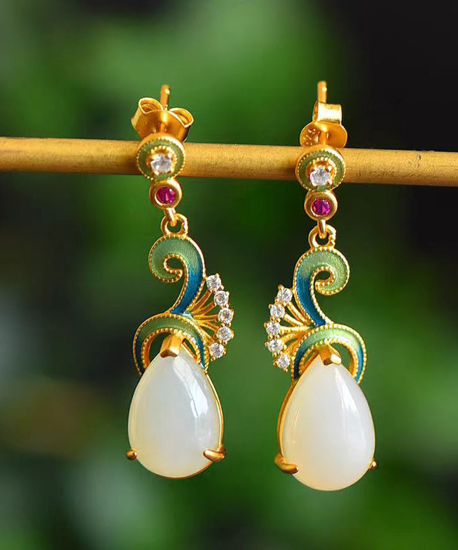 Vintage Blue Ancient Gold Jade Zircon Auspicious Clouds Drop Earrings KX1066 Ada Fashion