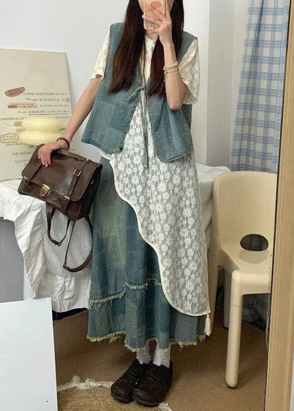 Summer Up Piece Denim Asymmetrical Lace Three Set Blue Vintage FashionChic